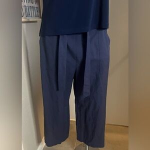 Navy Blue linen pants wide leg belted waist baggy by Clara sun woo